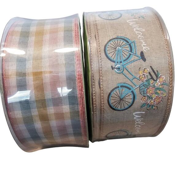 Members Mark Ribbon 50 Yards Wired Spring 2.5" Set of 2 Pink Plaid Bicycle Bows - Picture 2 of 8
